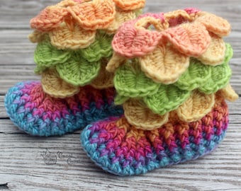 READY TO SHIP Crocodile Stitch Baby Booties Rainbow Mermaid Scales Slippers Socks, Dragon Cuff Egg, Owl, Unicorn, Blue, Pink, Yellow, Green