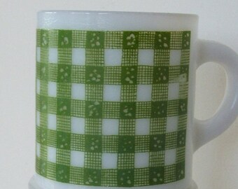 Vintage Milk Glass Mug Green Gingham Plaid