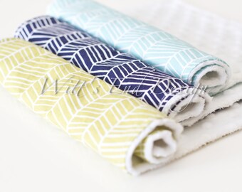 Modern Gender Neutral Modern Minky Burp Cloths, Set of 3- Blue, Green and Navy Herringbone print