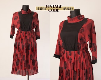 Red Black 80s Kaisu Heikkila maxi dress / High neck Pleated Dolman sleeve 80s Day Casual dress / Finnish vintage / size Medium to Large