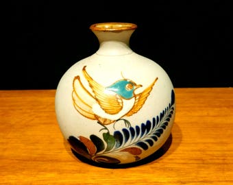 Vintage Mexican Tonalá Hand Painted Bird Bud Vase
