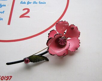 signed Coro enamel flower brooch . bright pink orchid flower pin with rhinestones with long stem