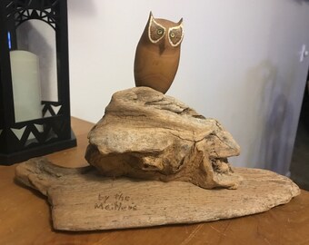 Vintage folk art owl sculpture. Carved sumac on driftwood. Signed by artist with card.
