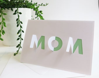 Mother's Day Card - White Cut Paper, Mom, Blank Inside, Mother's Day Gift, Notecard, Greeting Card, Pink, Yellow, Green