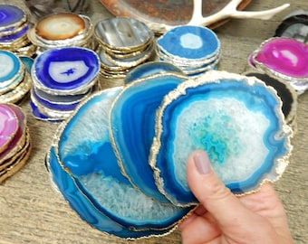 Agate Coasters Teal with Electroplated Gold Edge - Plated Agate Coaster - You choose 1, 4, 6, 8 Quantity (OB4B12)