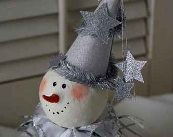 Snowman Ornament Clown Mixed Media Assemblage Original Hand Made - Sparkle