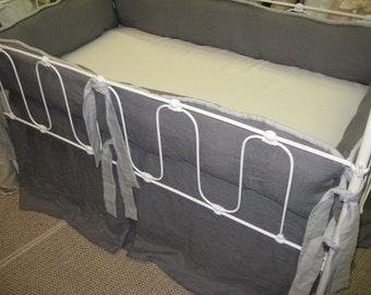 Grey Linen Crib Bedding-Slate Grey-Light Grey-Tailored Nursery Bedding in Washed Grey Linen