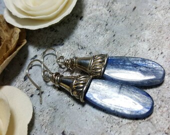 Earrings Blue Kyanite Wire Wrapped Sterling Silver Dangle Drop #1026