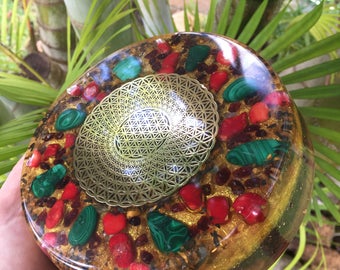 Ulumāhiehie Festive Orgone Charging Plate with Gold Plated Tube Flower of Life, Malachite, Red Coral, Garnet, Tiger Eye (6" diameter)