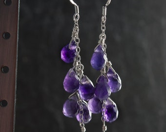 Amethyst Cascade Earrings, Amethyst Teardrop Earrings, 925 Sterling Silver, February Birthstone, Gemstone Earrings