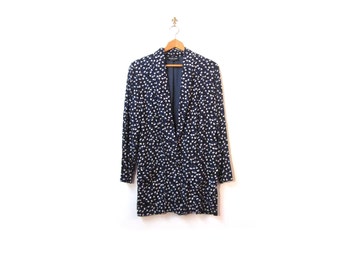 Vintage 90s Oversized Blue Floral Daisy Print Preppy Chic Blazer Jacket women s m