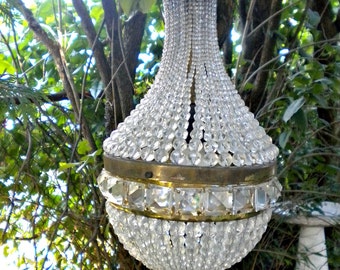 Antique French Chandelier, Architectural Empire Basket Chandelier, Rock Crystal, Beaded Dome