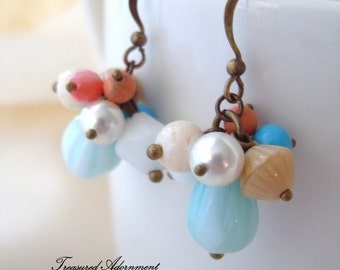 NATURELLE Cluster Earrings, Vintage style cluster earrings, Swarovski Pearl earrings, retro earrings, Thank you gift, Autumn Earrings