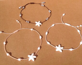 White porcelain starfish and natural heishi shell anklet, choker or bracelet. Summer, beach, surfer anklet.Friendship bracelet.Hippie choker