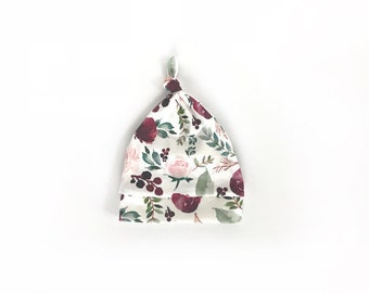 Purple Floral Newborn Hat/Organic Cotton Baby Top Knot Hat/Baby Hat/Newborn Knotted Hat/Baby Beanie/Floral Newborn Hat/Infant Winter Hat