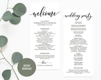 Wedding Program Template, Wedding Program Printable, Rustic Ceremony Program, DIY Wedding Program, Instant Download, Editable PDF, WLP524
