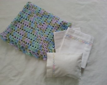 Crocheted Blanket, Sheets, Pillow and Pillow Case for a Doll