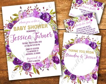 Purple Flower Baby Shower Invitation Bundle - Custom Digital PDF