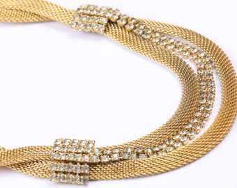 Gold Tone Mesh Necklace with Clear Rhinestone