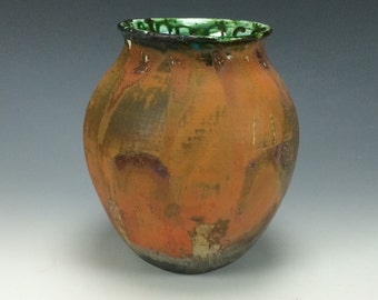 Rustic Brown Red and Turquoise Green Raku Ceramic Vase, Modern Home Decor, Unique Clay Vessel, Table Centerpiece