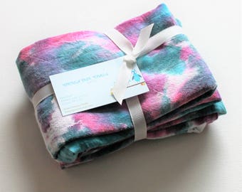 Hand Dyed Kitchen Towels - Flour Sack Tea Towel Set of 2 - Tie Dyed Dish Towels Teal Green Bright Pink Fuchsia Berry Purple White