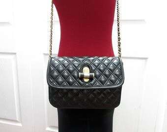 Vintage Black Vegan Quilted Small-Medium Flap Satchel Chain Clutch Cross Body Shoulder Tote Purse Bag
