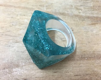 Teal glitter eco-resin chunky statement ice ring