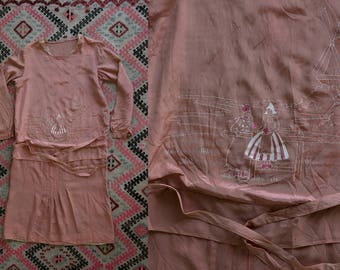 Vintage 1920's Painted Dutch Scene Dusty Pink Drop Waist Dress, Long Sleeve, Silk Dress, 20's, TLC Wounded Bird Study or Repair