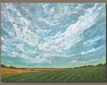 FREE SHIP XL Abstract Landscape Painting, Big Sky Painting, Textured Art, Living Room Decor, Prairies, Farm Fields Clouds, Impressionist