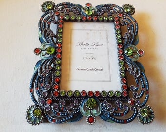 Czech Colorful Crystal adorned metal picture frame, with glass