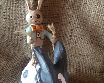 OOAK Love Bunny Boy rabbit rider folk art sculpture Ready to Ship