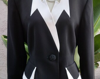 90's classy black jacket, white trim, dressy, long sleeve, v-neck, blazer