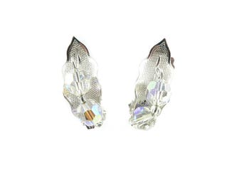 Vintage Leaf Earrings, Faceted Glass Beads, Aurora Borealis, Clip Ons