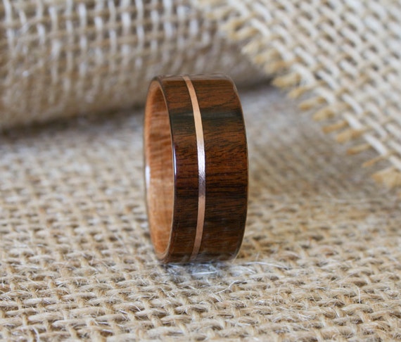 Men s Wooden Wedding  Band  with 14k Rose  Gold  Inlay  in