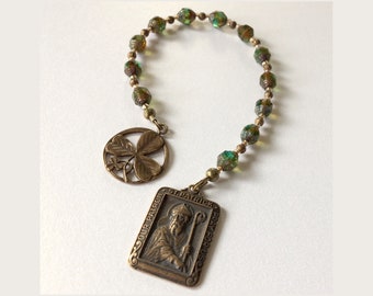 St. Patrick Chaplet Devotional with real bronze reproduction medals of St. Patrick and Trinity Shamrock. Unique imported Czech glass beads