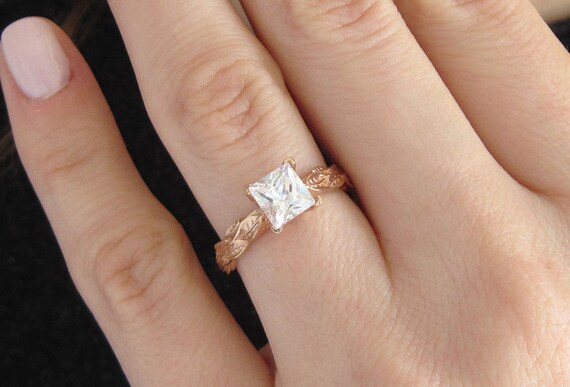 moissanite engagement ring rose gold leaf engagement ring
