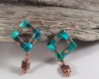 Dichroic Glass & Antiqued Copper Earrings, Copper Wire Wrapped Dichroic Glass Earrings, Dragonfly Colored Dichroic Glass and Copper Bead