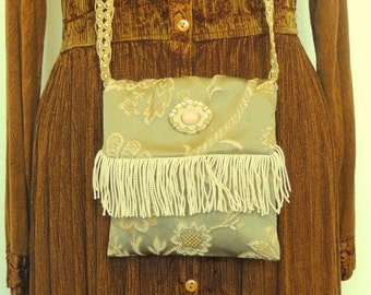 Small bohemian purse, evening bag, green and cream bag, fringed bag