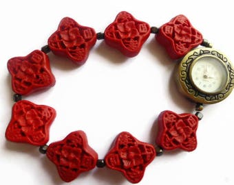 Red beaded watch, trendy watch, ladies bracelet watch, stretch fashion watch, silver digital wrist watch, bangle watch bracelet, dress watch