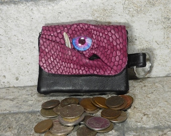 Zippered Coin Purse Pink Black Leather Change Purse Monster Face Pouch Key Ring Harry Potter Labyrinth 35
