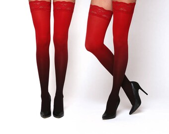 Thigh high stocking / Gift for women / Silicone lace top Thigh high Tights / Black-red ombre thigh high socks / Valentine Day gifts