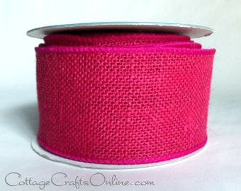 Burlap Wired Ribbon, 2 1/2", Pink Fuchsia - Ten Yards - Offray Natural Jute Bright Pink Wire Edged Burlap Ribbon