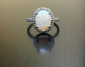 Halo Diamond Opal Engagement Ring - Halo Opal Diamond Wedding Ring - Diamond Opal Ring - Opal Diamond Ring - Halo Opal Ring - Diamond Ring