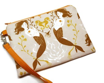 Mermaids zippered iPhone wristlet wallet, cell phone purse with credit card pockets. Salmon and orange.