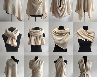 100% pure cashmere multi wear lacy poncho crochet cape tunic wrap One size Versatile sweater knitwear knit drapey scarf beige RRP207GBP gift