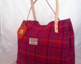 Harris tweed bag purse tote made in Scotland pink plaid tartan Scottish ladies gift.