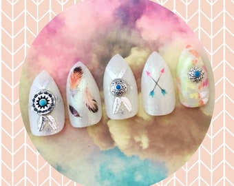 Boho Feather Stiletto Nails | Summer Dreamcatcher Press On Nails | Fake False Acrylic Nails | Boho Hippie Free Spirit | Handmade Nails