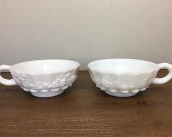 Vintage Westmoreland Paneled Grape Milk Glass Candleholder with Handle - set of 2