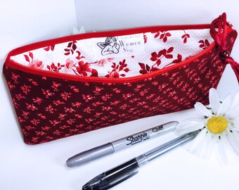 Deep Red Floral Cosmetic Pouch, Zipper Pouch, Red Pencil Case, Red Pencil Pouch, Cute Pencil Case