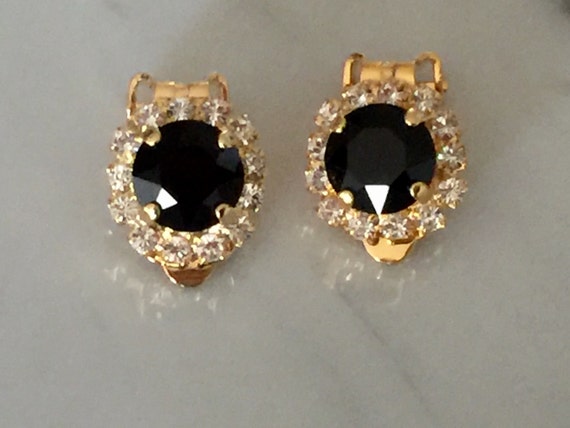 Jet Black & Clear Crystal Halo Clip On Earrings, Yellow Gold
